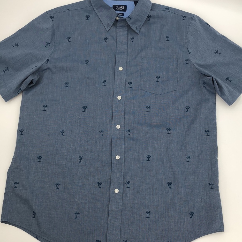 Chaps Easy Care Blue Palm Tree All Over Print Short Sleeved Button Down Size L - Picture 12 of 13